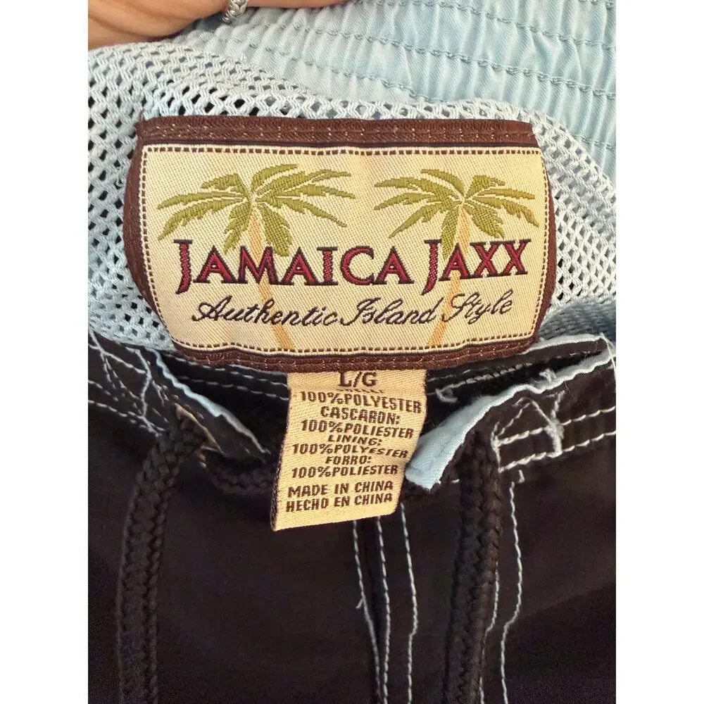 Jamaica Jaxx Black Board Shorts | Size L | Beach Swim Trunks Blue Stitch
